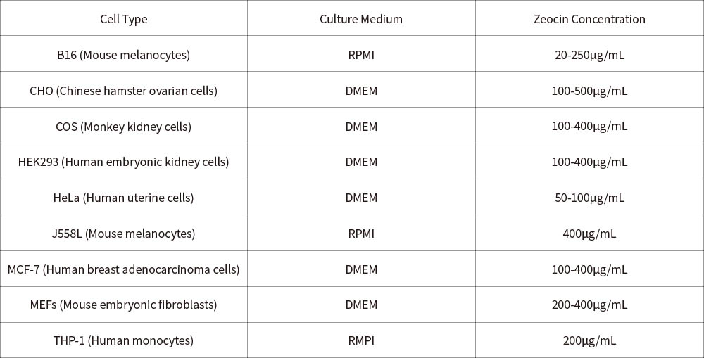 表1. 部分常見哺乳動物細胞的Zeocin推薦篩選濃度表